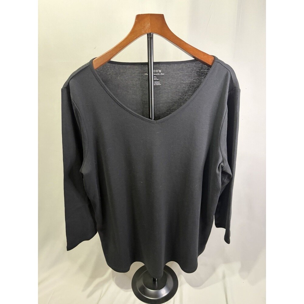 Chicos The Ultimate Tee Black Long Sleeve Shirt 100%Cotton V Neck Women's Size 3